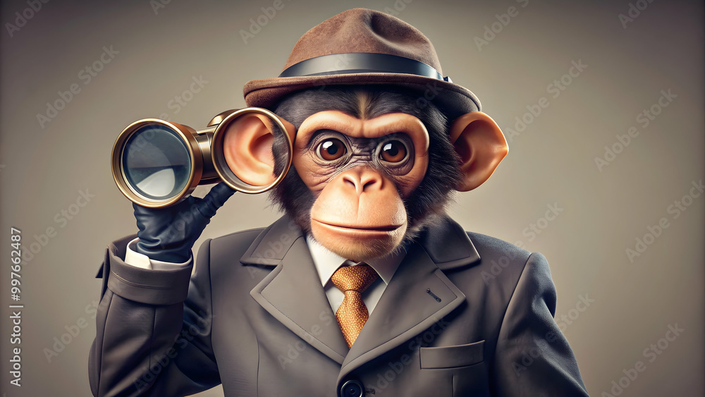 Cute monkey in spy attire with spy gear including binoculars, earpiece, and magnifying glass , Monkey, spy outfit Cute monkey in spy attire with spy gear including binoculars, earpiece, and magnifying glass , Monkey, spy outfit