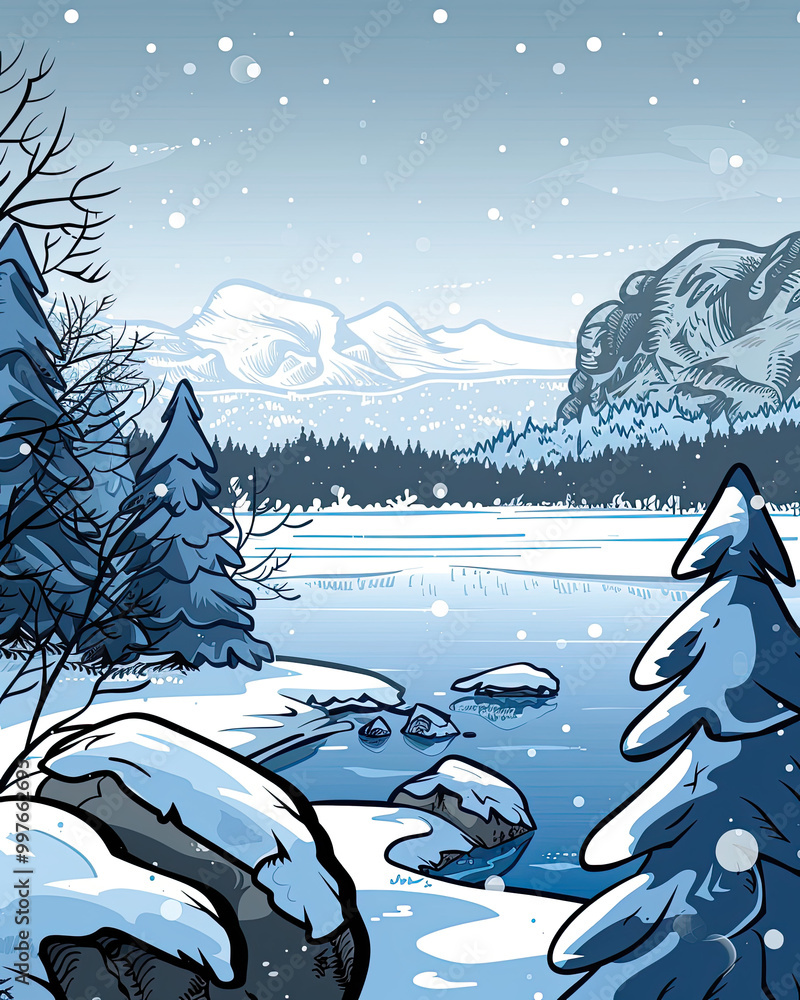 Frozen lake reflecting sky, surrounded by snow-clad trees, with halftone snowflakes falling.