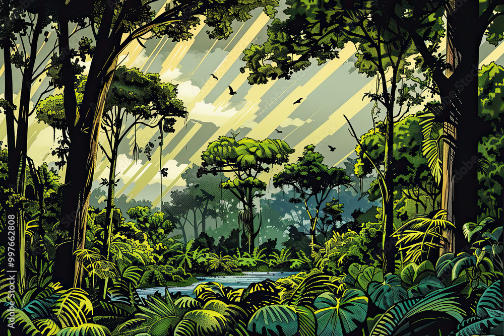 Dense jungle with towering trees, winding river, sunlight beams, and birds in comic style.