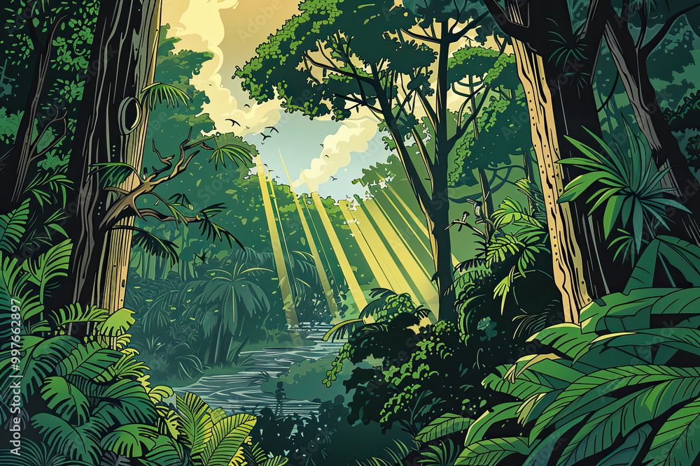 Jungle comic-style art, lush greens, river bend, and sunlight breaking through the trees.