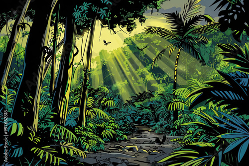 Fototapeta Naklejka Na Ścianę i Meble -  Classic comic jungle scene; thick foliage, river, sunbeams through canopy, birds overhead.
