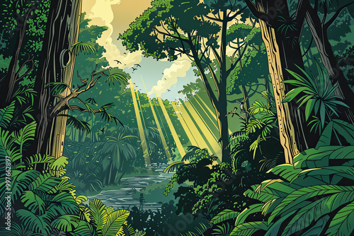 Obraz na płótnie Jungle comic-style art, lush greens, river bend, and sunlight breaking through the trees. w salonie
