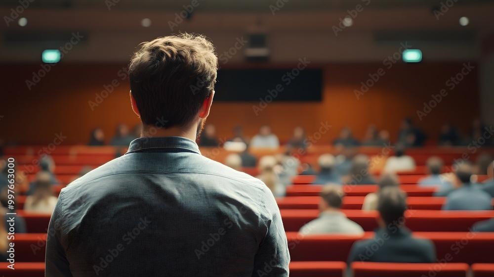 A Man Standing in Front of a Crowd in a Large Auditorium A Man Standing in Front of a Crowd in a Large Auditorium