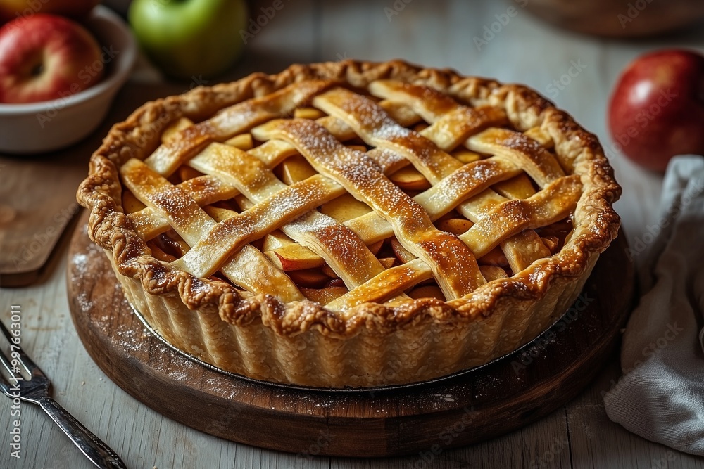 Delicious Rustic Homemade Apple Pie with Golden-Brown Lattice Crust and Warm Spiced Filling, Artfully Presented on a Wooden Table with Vintage Props in a Cozy Kitchen Setting Suitable for Food Content Delicious Rustic Homemade Apple Pie with Golden-Brown Lattice Crust and Warm Spiced Filling, Artfully Presented on a Wooden Table with Vintage Props in a Cozy Kitchen Setting Suitable for Food Content