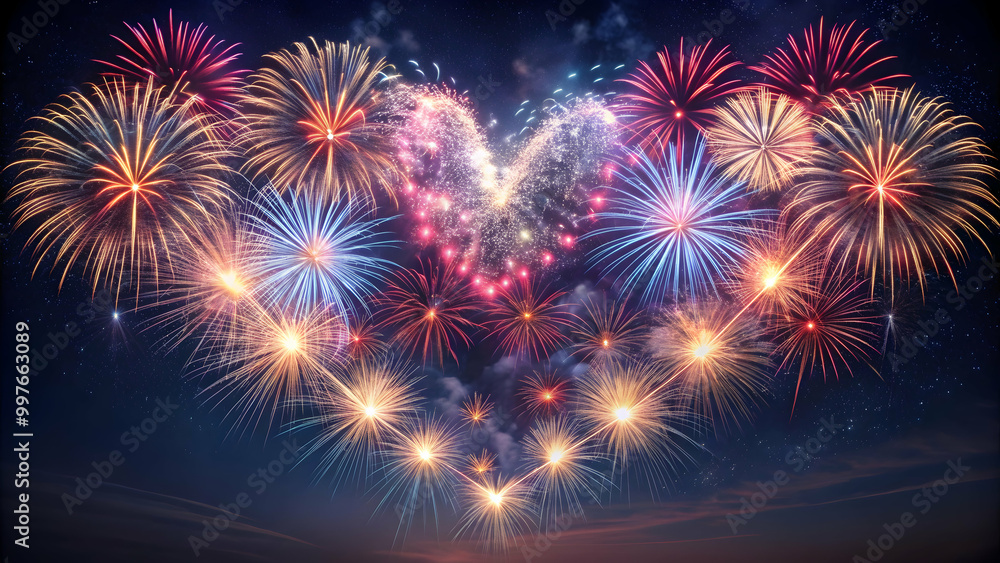 Fototapeta premium Fireworks exploding in the shape of a heart in the night sky, fireworks, heart, celebration, love, night, colorful