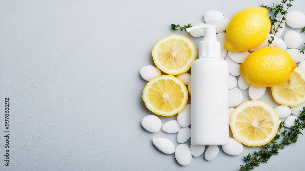 A high-resolution product photo featuring a hand sanitizer bottle surrounded by fresh lemon slices and thyme, set against a clean, minimalist background. A high-resolution product photo featuring a hand sanitizer bottle surrounded by fresh lemon slices and thyme, set against a clean, minimalist background.