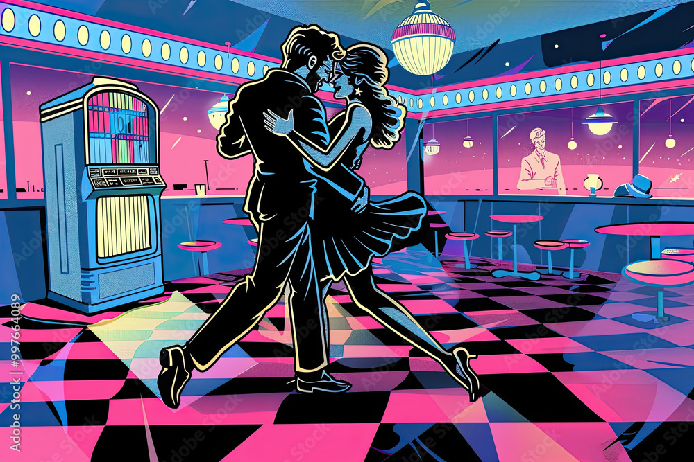 1950s couple dancing in a diner, jukebox glowing, motion lines, neon signs, checkerboard floor.