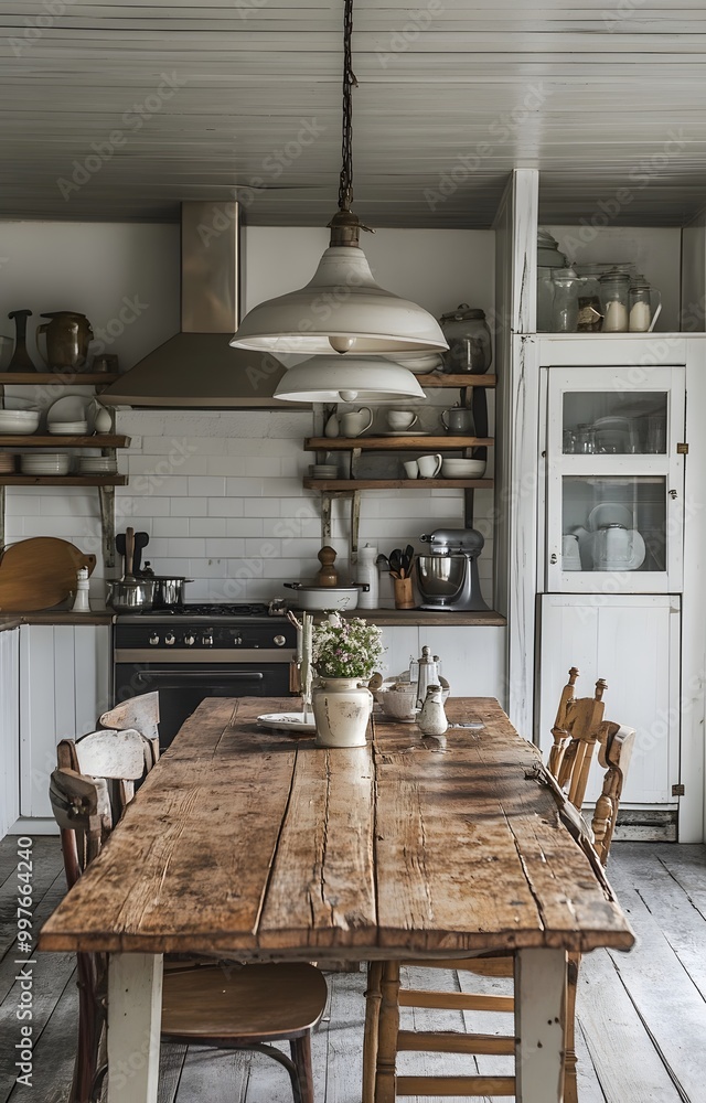 13. A rustic farmhouse kitchen featuring a large dining table and vintage accents 13. A rustic farmhouse kitchen featuring a large dining table and vintage accents