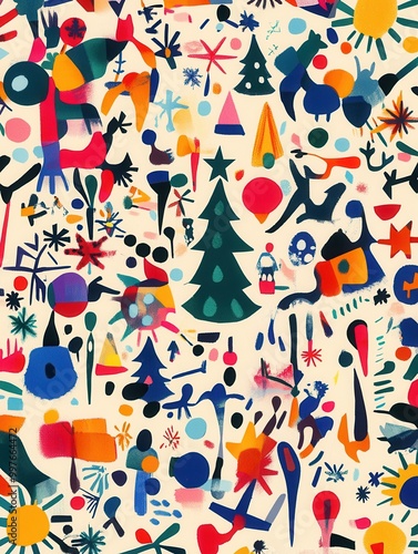 Complex abstract pattern showcases a festive arrangement of Christmas symbols, including trees, stars, and snowflakes, in vivid colors. Generative AI