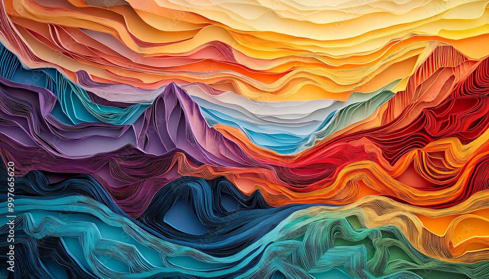 Fototapeta premium Layers of paper-cut designs forming a 3D effect, creating shapes like landscapes, animals, or abstract patterns in a vibrant color palette