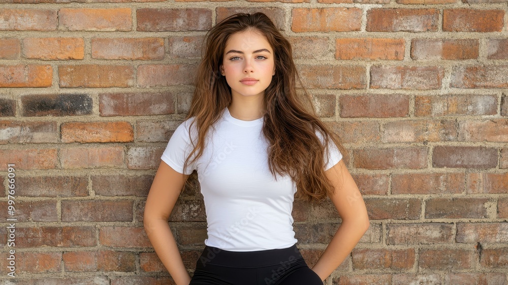 A woman in a comfy white tee and black leggings poses outdoors near a brick wall, showcasing an urban lifestyle vibe. A woman in a comfy white tee and black leggings poses outdoors near a brick wall, showcasing an urban lifestyle vibe.