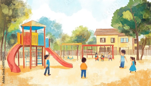 Wallpaper Mural Children playing in the illustration playground. Illustration using crayon texture style. Perfect for children's books, cover, websites, and more. Torontodigital.ca