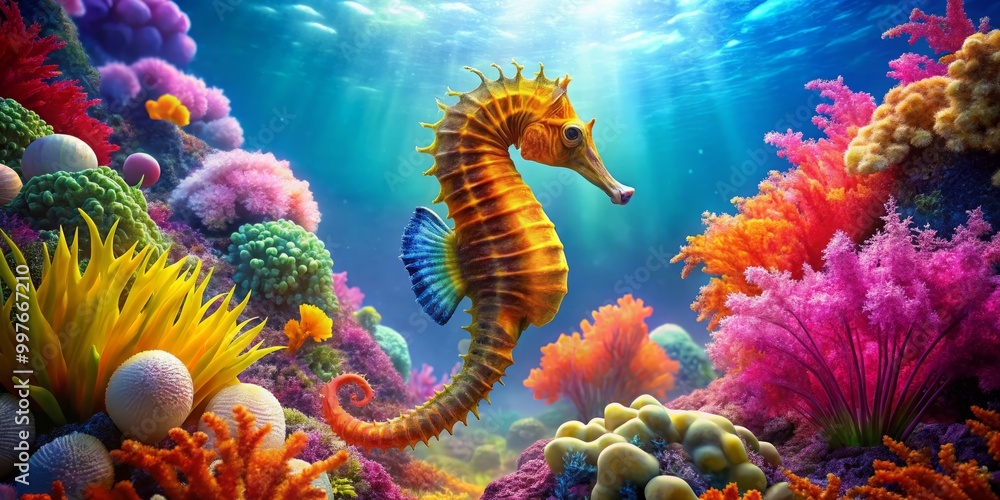 In a vibrant underwater world, a majestic seahorse glides elegantly among colorful corals, creating a stunning tableau In a vibrant underwater world, a majestic seahorse glides elegantly among colorful corals, creating a stunning tableau