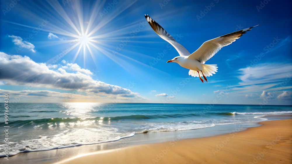Fototapeta premium Sunny beach scene with a seagull flying overhead, beach, bird, seagull, sunny, ocean, sand, waves, coast, tropical, wildlife