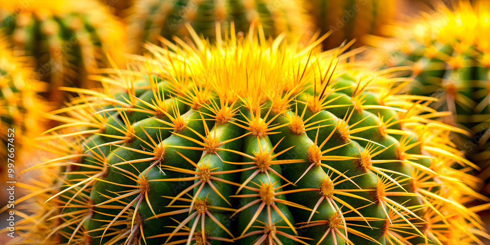 A close-up shot of a Golden Barrel Cactus with its vibrant yellow spines, succulent, plant, desert, prickly, thorn, natural A close-up shot of a Golden Barrel Cactus with its vibrant yellow spines, succulent, plant, desert, prickly, thorn, natural