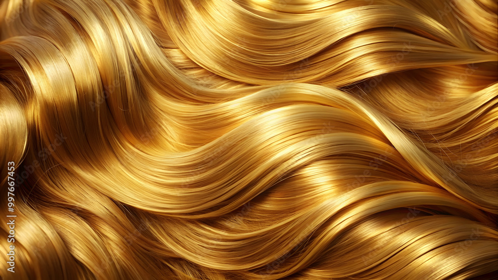 Close-up of shiny, golden wavy hair , long, blonde, healthy, texture, haircare, beauty, waves, luxurious, smooth, flowing Close-up of shiny, golden wavy hair , long, blonde, healthy, texture, haircare, beauty, waves, luxurious, smooth, flowing
