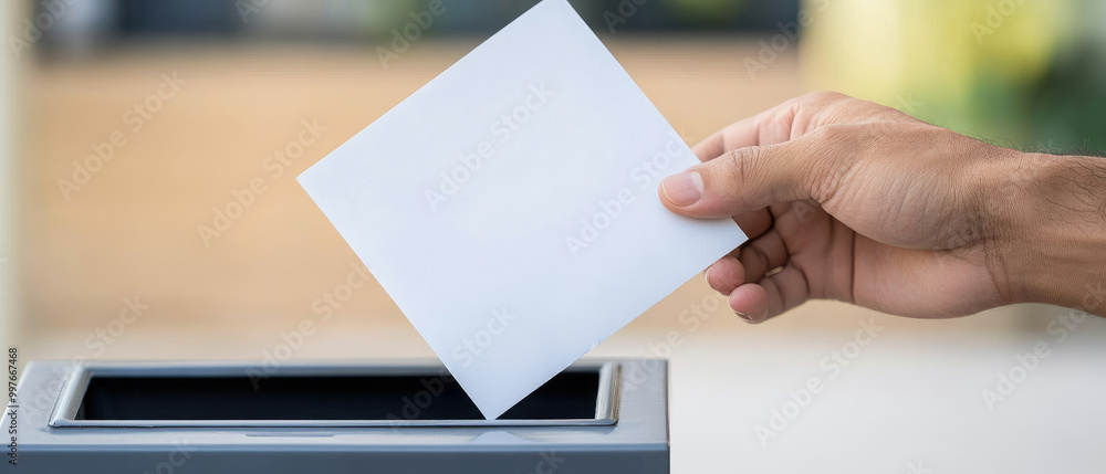 A close-up of a hand submitting a mail-in ballot into an official election dropbox, highlighting the absentee voting process and civic engagement. A close-up of a hand submitting a mail-in ballot into an official election dropbox, highlighting the absentee voting process and civic engagement.