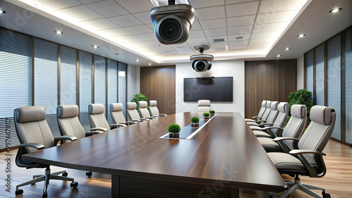 Conference room with AI-powered cameras for optimized video conferencing experience, technology photo