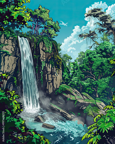 Lush Waterfall Scene in Comic Art