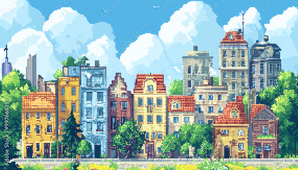 Fototapeta premium A retro-inspired, pixelated landscape or city scene reminiscent of classic 8-bit video games, perfect for a nostalgic yet playful vibe