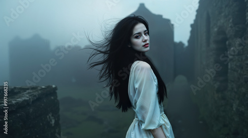 Lady in a sheer white dress with pale white skin and long jet black hair stands in the old ruins of a abandoned castle in the misty fog. photo