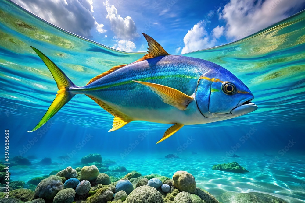 In the clear blue ocean, radiant kingfish swim elegantly, showcasing their natural beauty and vibrant colors, In the clear blue ocean, radiant kingfish swim elegantly, showcasing their natural beauty and vibrant colors,