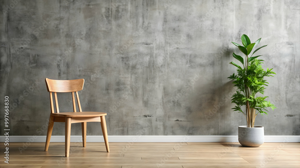 Wooden chair with a plant against grey concrete wall, wood, chair, plant, decoration, interior, design, minimalistic, home, indoor Wooden chair with a plant against grey concrete wall, wood, chair, plant, decoration, interior, design, minimalistic, home, indoor