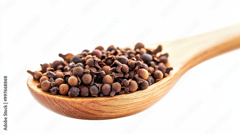 Close-up of whole allspice berries on a wooden spoon, showcasing their rich color and texture. Perfect for culinary use and enhancing flavors in cooking. Close-up of whole allspice berries on a wooden spoon, showcasing their rich color and texture. Perfect for culinary use and enhancing flavors in cooking.