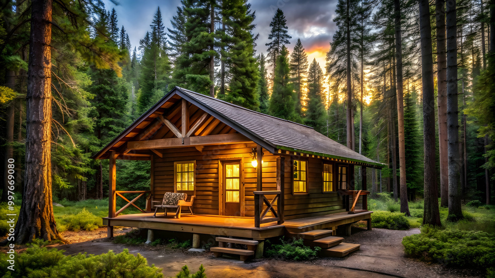 Rustic cabin surrounded by serene forest with a porch , cabin, woods, forest, tranquil, nature, serene, rustic, cozy Rustic cabin surrounded by serene forest with a porch , cabin, woods, forest, tranquil, nature, serene, rustic, cozy