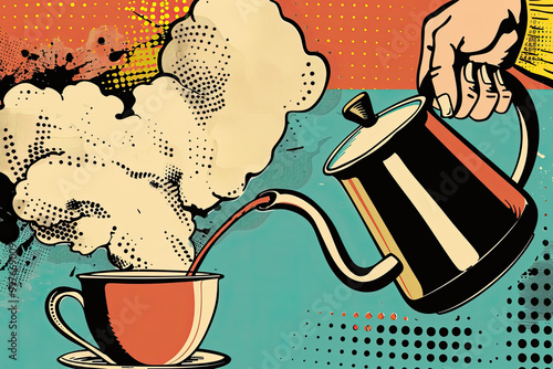 Obraz na płótnie Steamy Coffee Pour in Vintage Style w salonie
