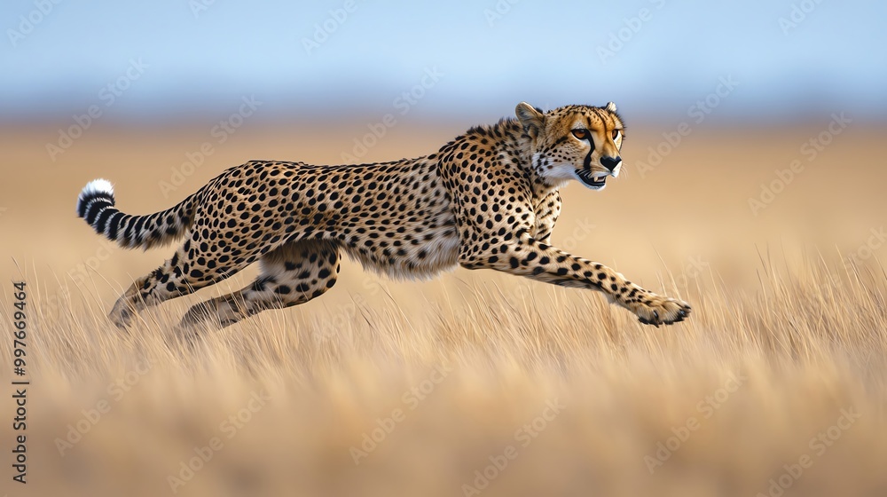 Sleek cheetah in full sprint across grasslands Sleek cheetah in full sprint across grasslands