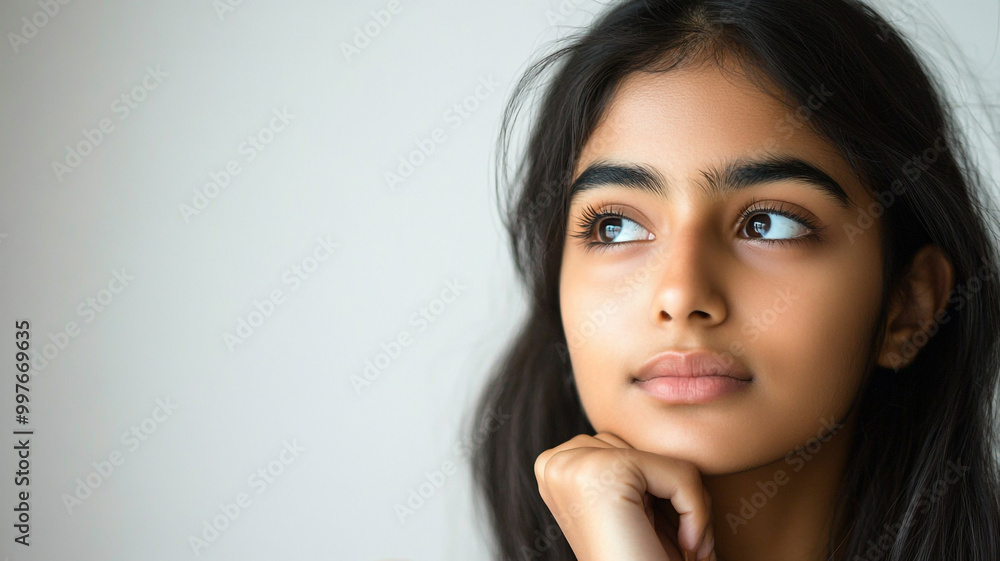 A young girl thoughtfully gazes into the distance while resting her chin on her hand indoors A young girl thoughtfully gazes into the distance while resting her chin on her hand indoors