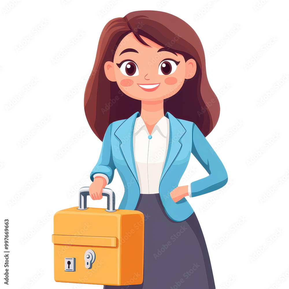 Young businesswoman with a safe box, showcasing confidence and security in a modern, stylish 3D illustration. Young businesswoman with a safe box, showcasing confidence and security in a modern, stylish 3D illustration.
