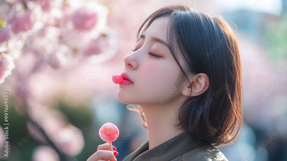 Woman enjoying a pink candy in a cherry blossom park during springtime Woman enjoying a pink candy in a cherry blossom park during springtime