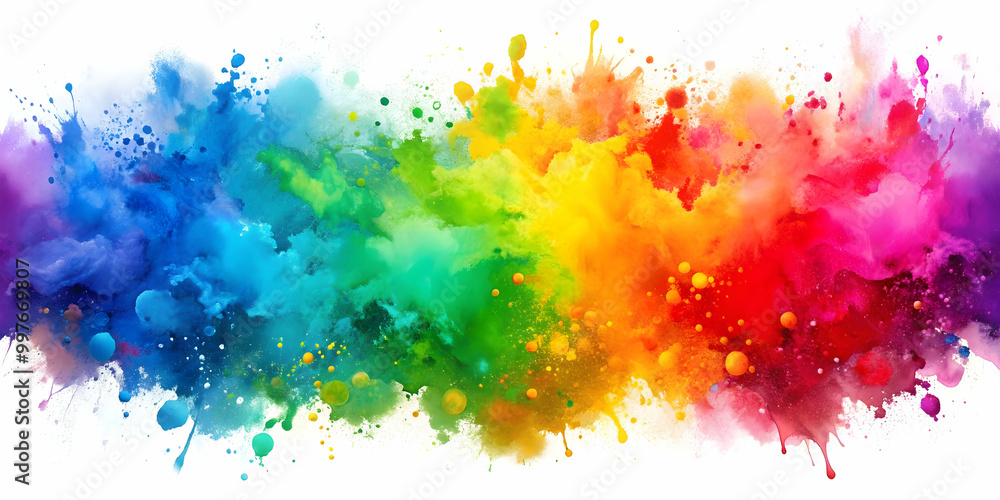 Fototapeta premium Colorful paint splatters in watercolor style, creating a playful and vibrant rainbow wallpaper background, colorful