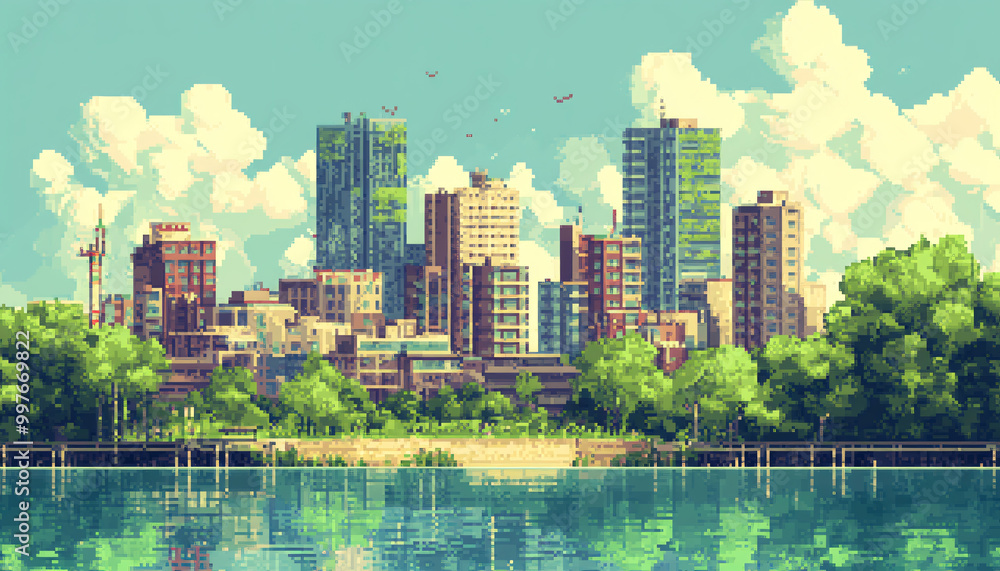 Obraz premium A retro-inspired, pixelated landscape or city scene reminiscent of classic 8-bit video games, perfect for a nostalgic yet playful vibe