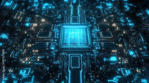 Glowing Blue Circuit Board with Central Processor Unit