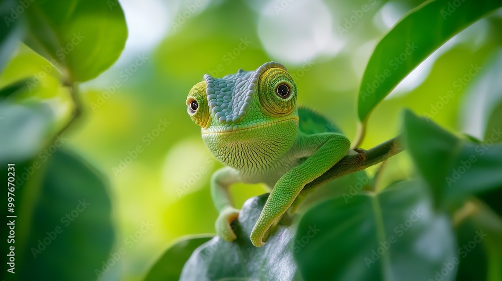 Baby chameleon veiled on branch, Baby veiled chameleon closeup on green leaves, Baby veiled chameleon closeup on natural background Baby chameleon veiled on branch, Baby veiled chameleon closeup on green leaves, Baby veiled chameleon closeup on natural background