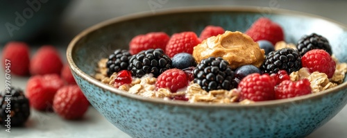 Wallpaper Mural Oatmeal with mixed berries and a dollop of almond butter, served in a ceramic bowl on a cozy breakfast table Torontodigital.ca