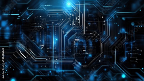 Abstract Digital Circuit Board with Glowing Blue Lines