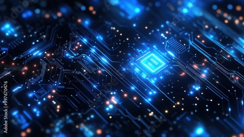 Glowing Circuit Board with Central Processor