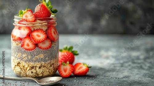 Overnight oats with chia seeds, almond milk, and strawberries, in a mason jar with a spoon, ready-to-eat photo