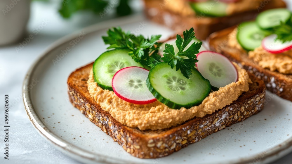 Whole grain toast topped with hummus, sliced cucumber, and radish, served on a white plate with a sprig of parsley Whole grain toast topped with hummus, sliced cucumber, and radish, served on a white plate with a sprig of parsley