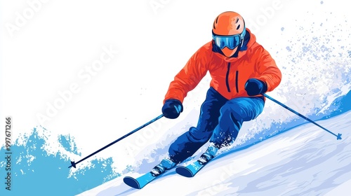 Skiing enthusiast in vibrant orange jacket and blue gear gracefully navigates snowy slopes, showcasing skill and excitement in winter sports. 