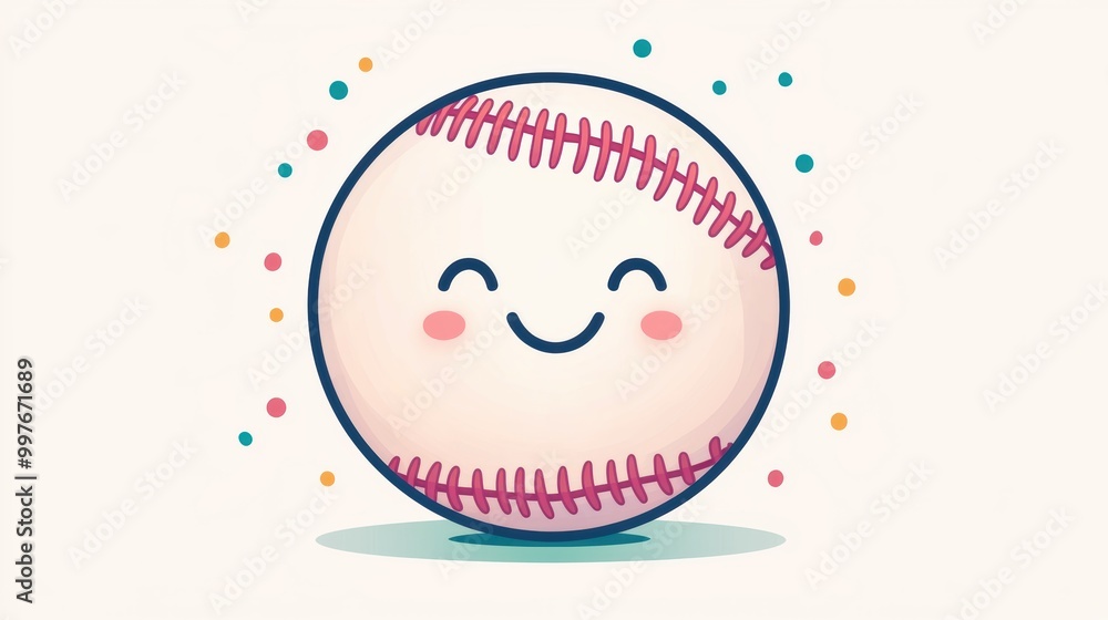 Cute and cheerful baseball character with smiling face, surrounded by colorful confetti. This playful design captures joy of game and is perfect for sports themed projects. Cute and cheerful baseball character with smiling face, surrounded by colorful confetti. This playful design captures joy of game and is perfect for sports themed projects.