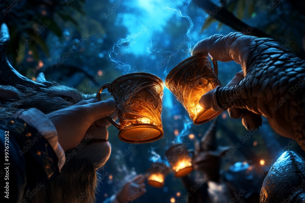 Fantasy corporate success celebration, with mythical creatures and wizards raising magical cups to toast a successful business venture in an enchanted forest Fantasy corporate success celebration, with mythical creatures and wizards raising magical cups to toast a successful business venture in an enchanted forest