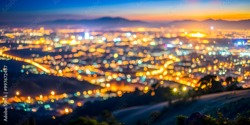 Cityscape at night from a mountain viewpoint with defocused bokeh lights , urban, city, night lights, bokeh Cityscape at night from a mountain viewpoint with defocused bokeh lights , urban, city, night lights, bokeh