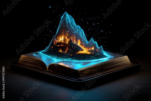 Fantasy version of a storybook lesson, where students interact with glowing books that project scenes from the story, helping them visualize and comprehend the text photo