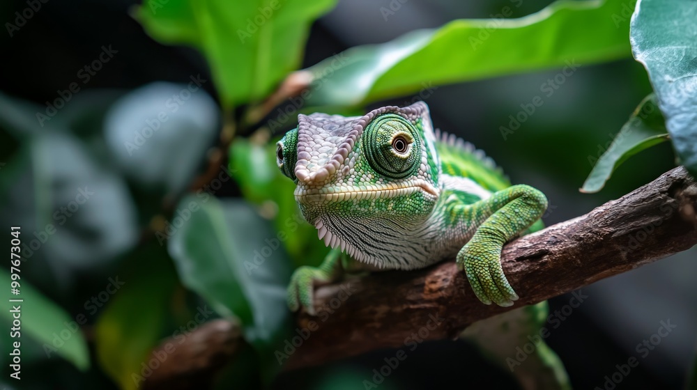 Baby High Pied veiled chameleon on branch, Baby High Pied veiled chameleon closeup on green leaves, Baby High Pied veiled chameleon closeup on natural background Baby High Pied veiled chameleon on branch, Baby High Pied veiled chameleon closeup on green leaves, Baby High Pied veiled chameleon closeup on natural background