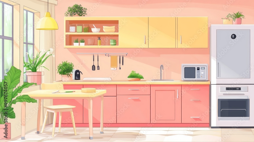 Background of a beautiful and bright kitchen with desk for objects Background of a beautiful and bright kitchen with desk for objects